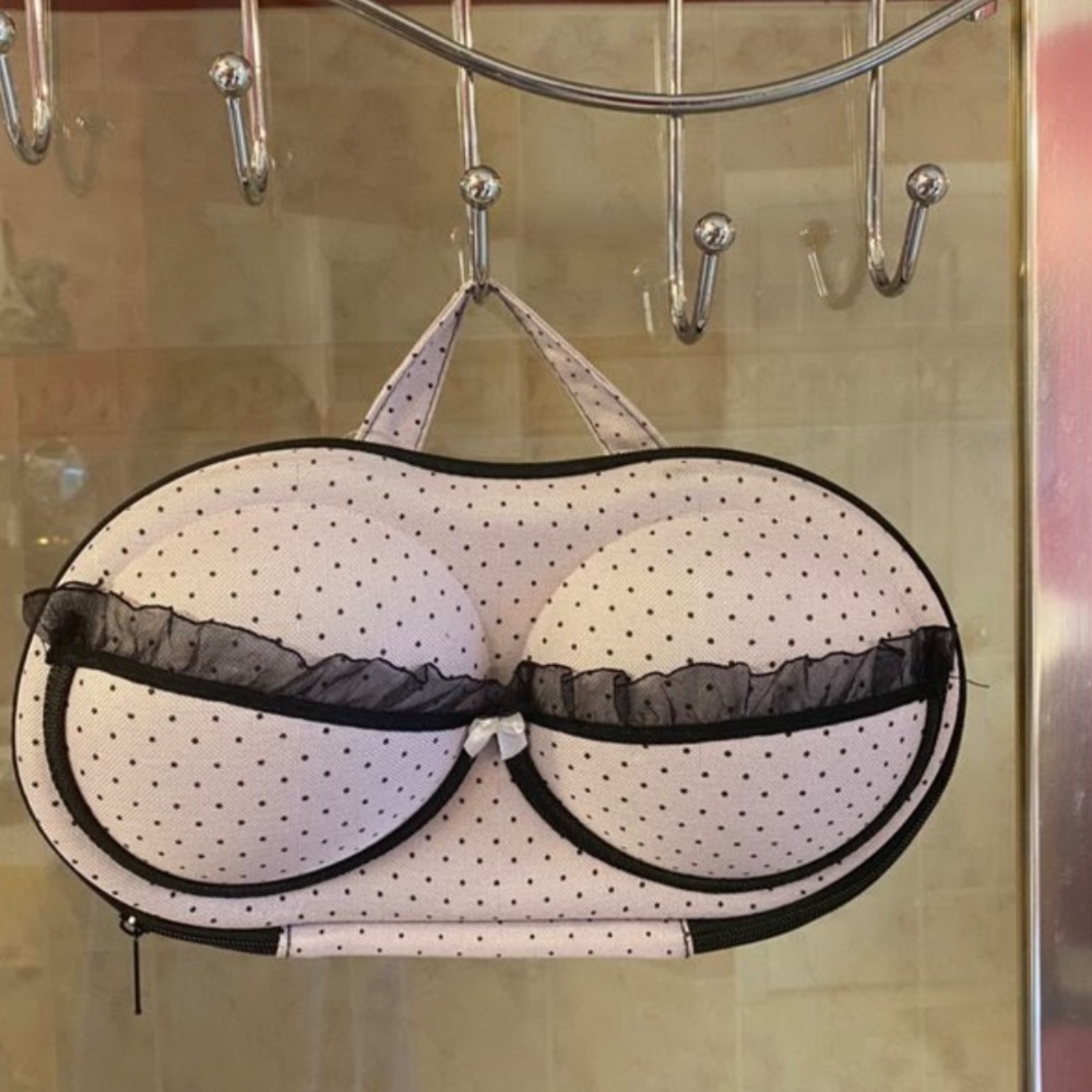 Purple bra purse with polka dots